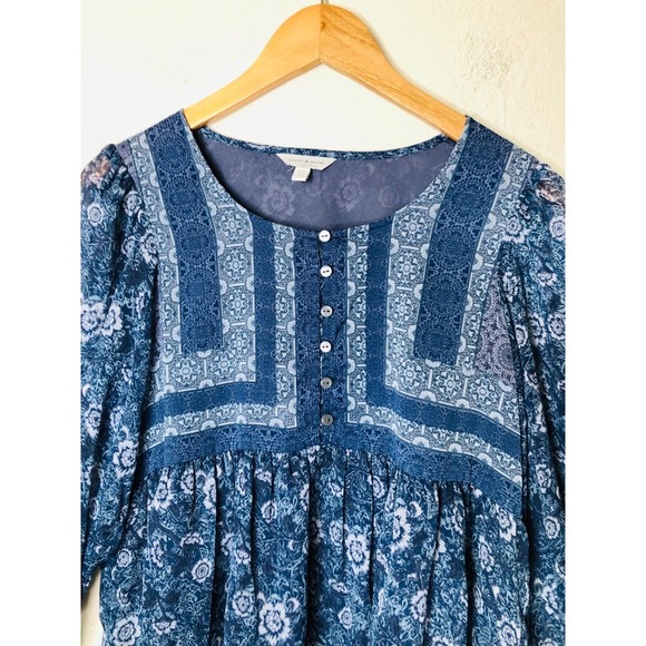 Lucky Brand Blue Floral Button Up Peasant Blouse Small Bohemian Long Sleeve - Picture 3 of 14